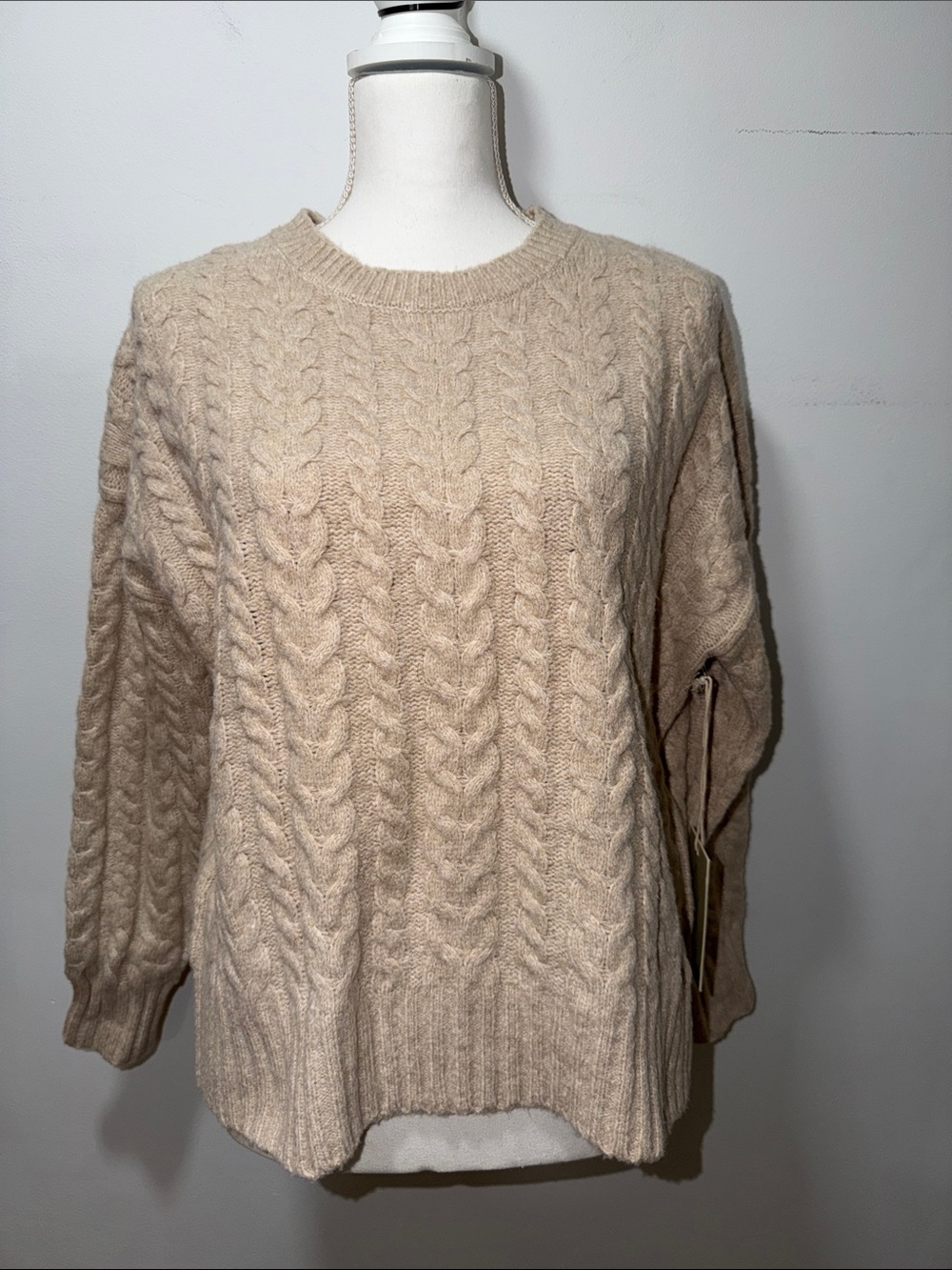 NWT Joie Beige Cable Knit Crewneck Sweater Fisherman Soft Cosy Oversized M Fall